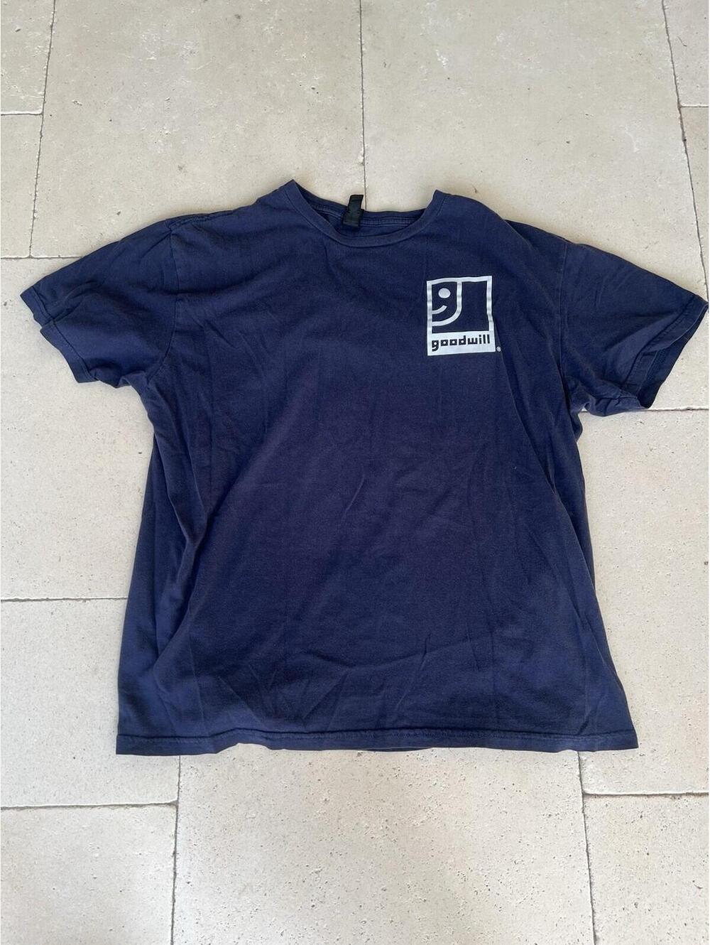 Goodwill Shirt Mens Large Medium Blue Short Sleeve Thrift Employee Workwear